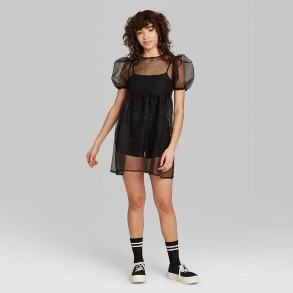 Black Puff Sleeve Tie Back Organza Mini Dress
